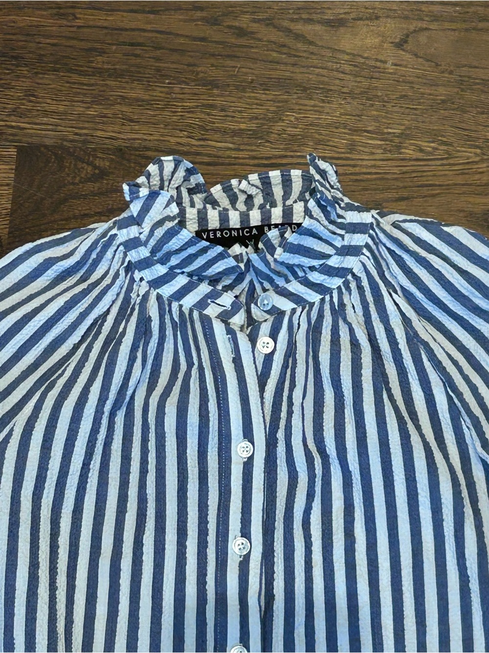 Veronica Beard Callista Blue and White Striped Ruffle Collar Button-Up Blouse - Picture 3 of 8